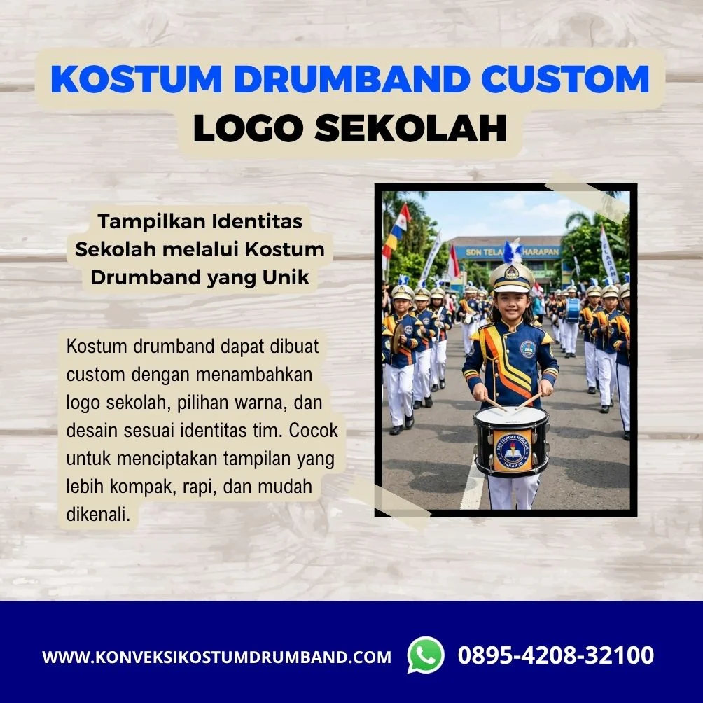 Kostum drumband custom dengan logo sekolah untuk memperkuat identitas