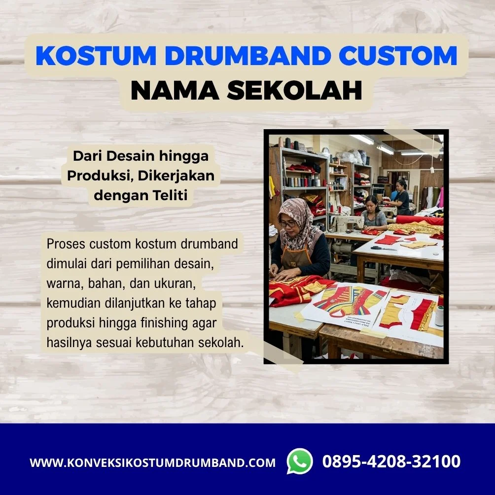 Proses pembuatan kostum drumband custom dengan nama sekolah