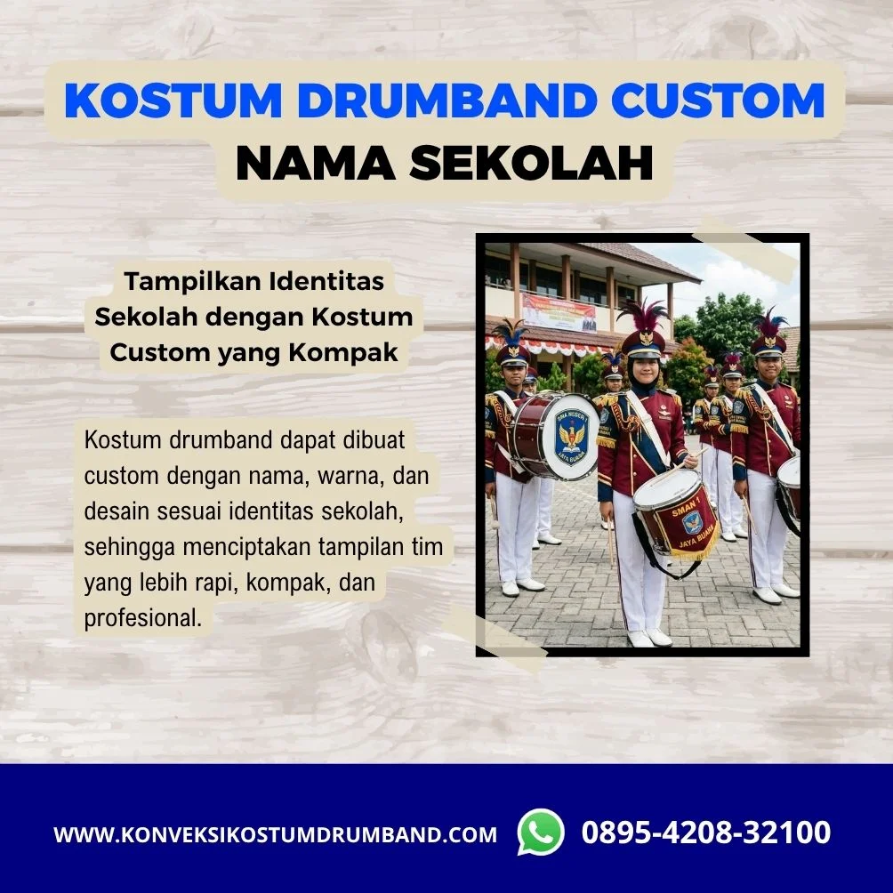 Kostum drumband custom dengan nama dan logo sekolah