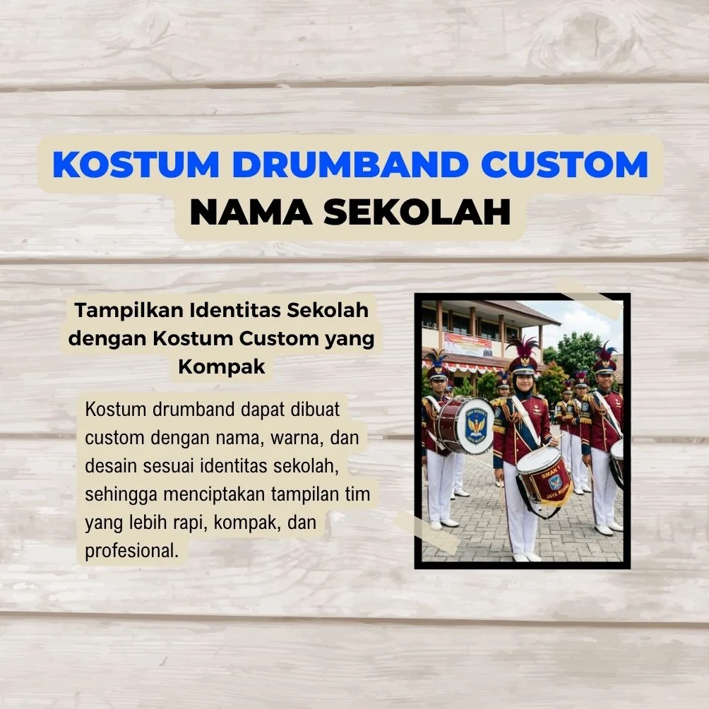 Kostum drumband custom dengan nama dan logo sekolah