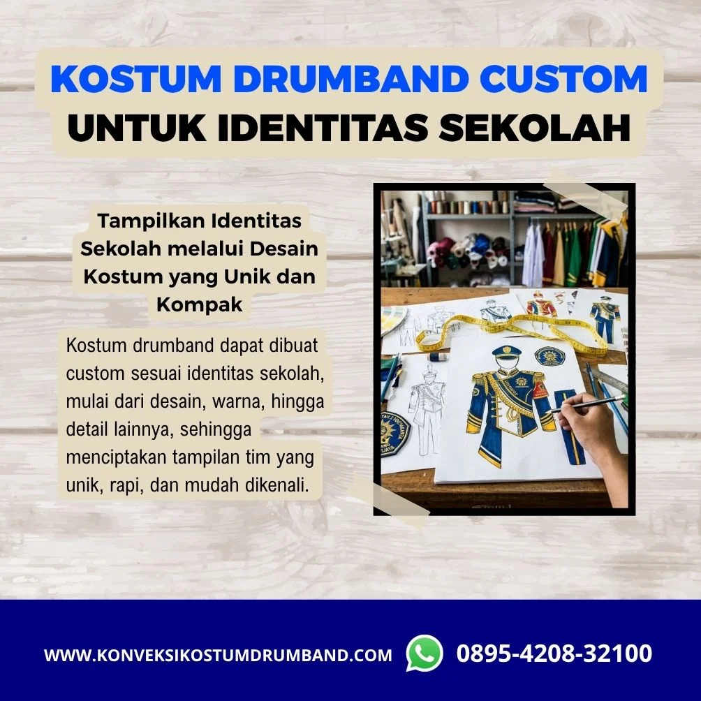 Desain kostum drumband custom dengan identitas sekolah