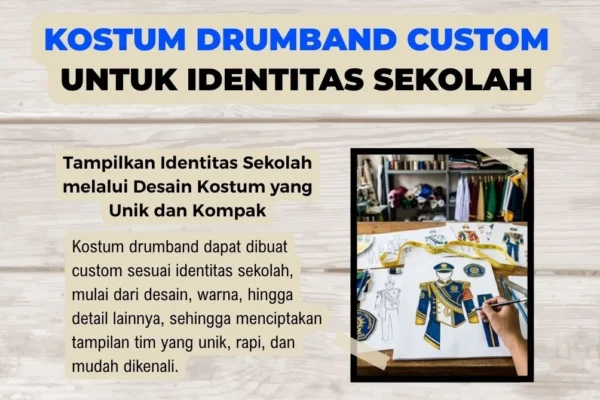 Desain kostum drumband custom dengan identitas sekolah