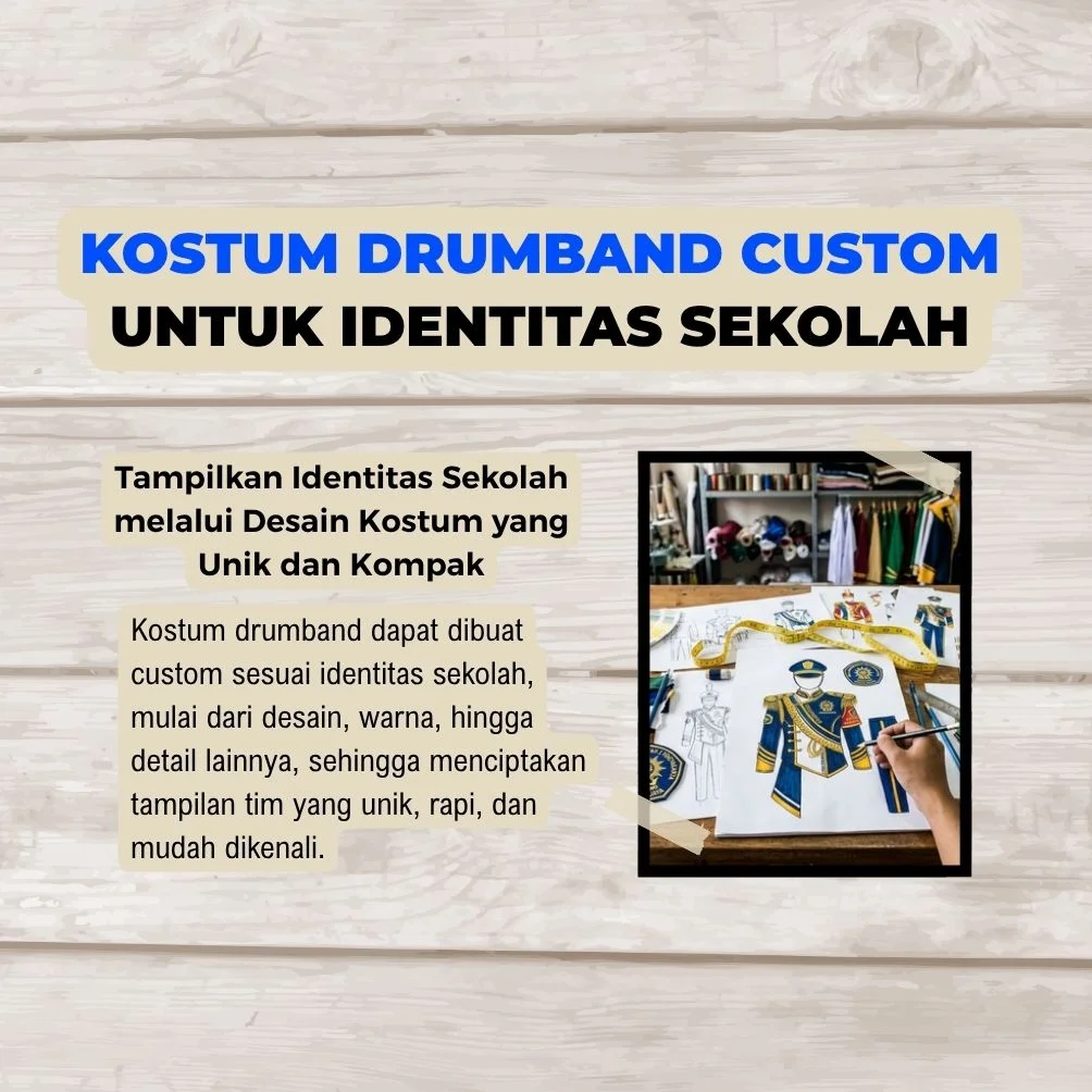 Desain kostum drumband custom dengan identitas sekolah
